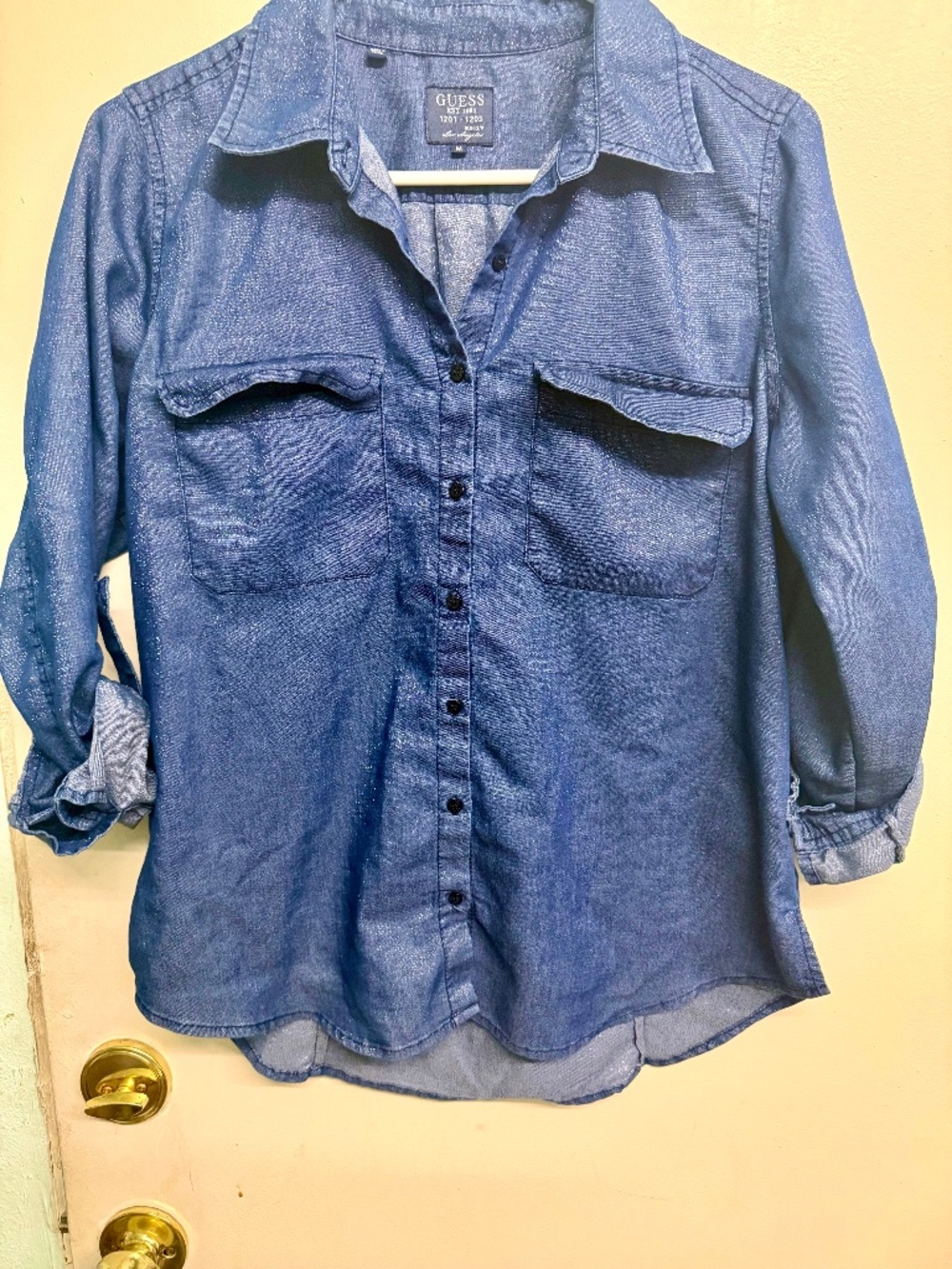 Guess Navy Blue 3/4 Sleeve Sparkle Utility Shirt - Picture 2 of 3